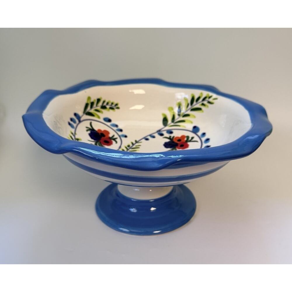 Ceramic Pedestal Bowl Hand Painted Fruit From Spain Large Colorful 11x6 Decor